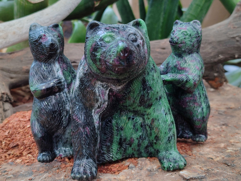 Polished Rare Hand Made Ruby Zoisite Mamma Bear and Cubs Carving x 1 From Tanzania