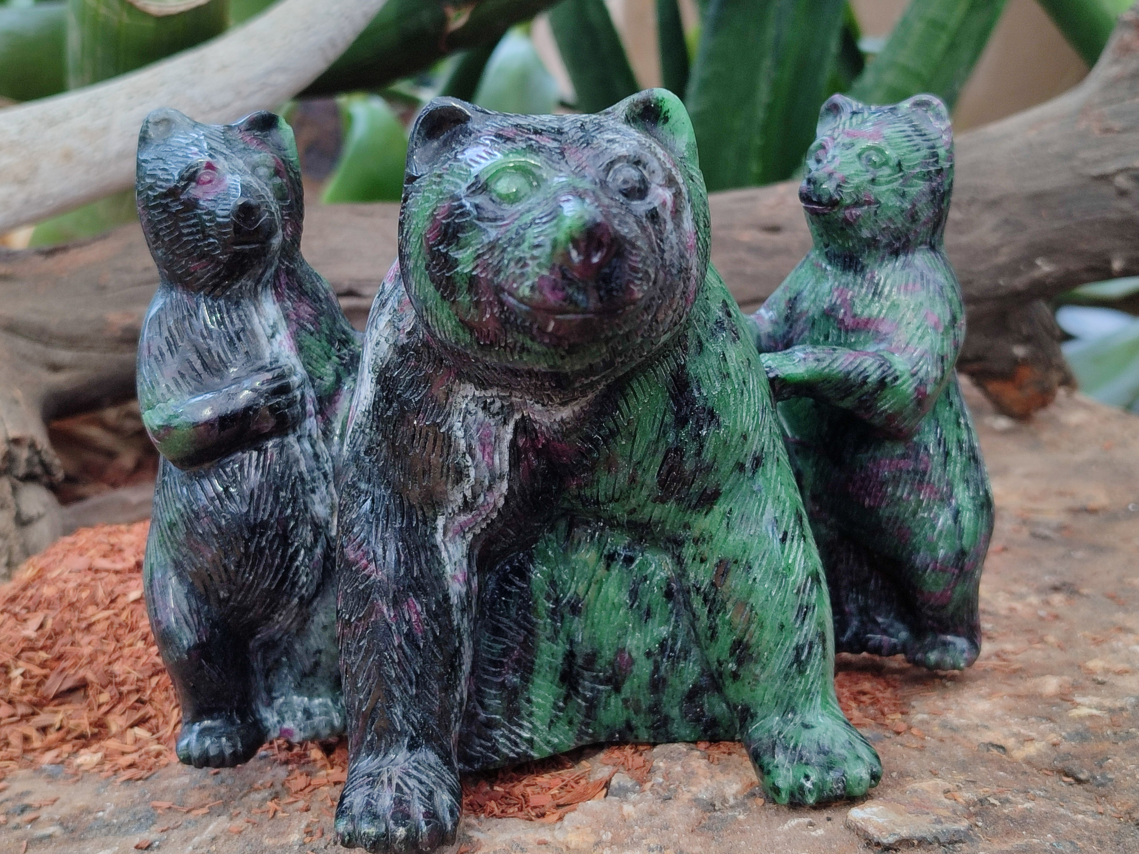 Polished Rare Hand Made Ruby Zoisite Mamma Bear and Cubs Carving x 1 From Tanzania