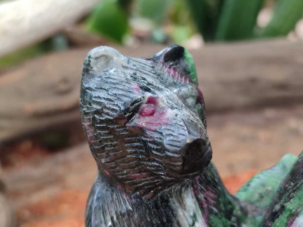 Polished Rare Hand Made Ruby Zoisite Mamma Bear and Cubs Carving x 1 From Tanzania