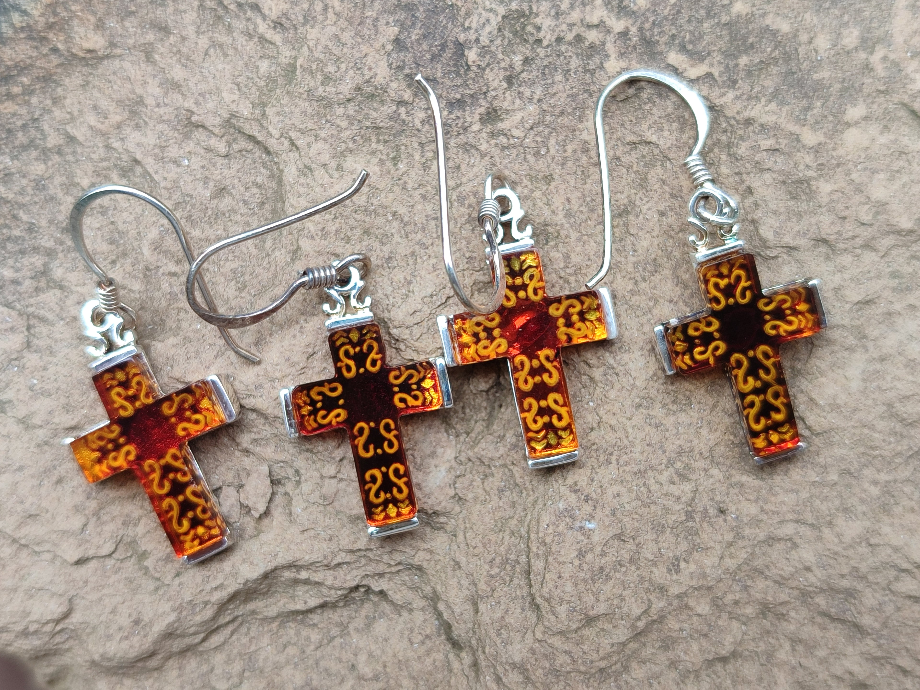 Hand Made Pair of Baltic Amber Cross Carved Earrings In Sterling Silver - Sold Per Pair - From Poland