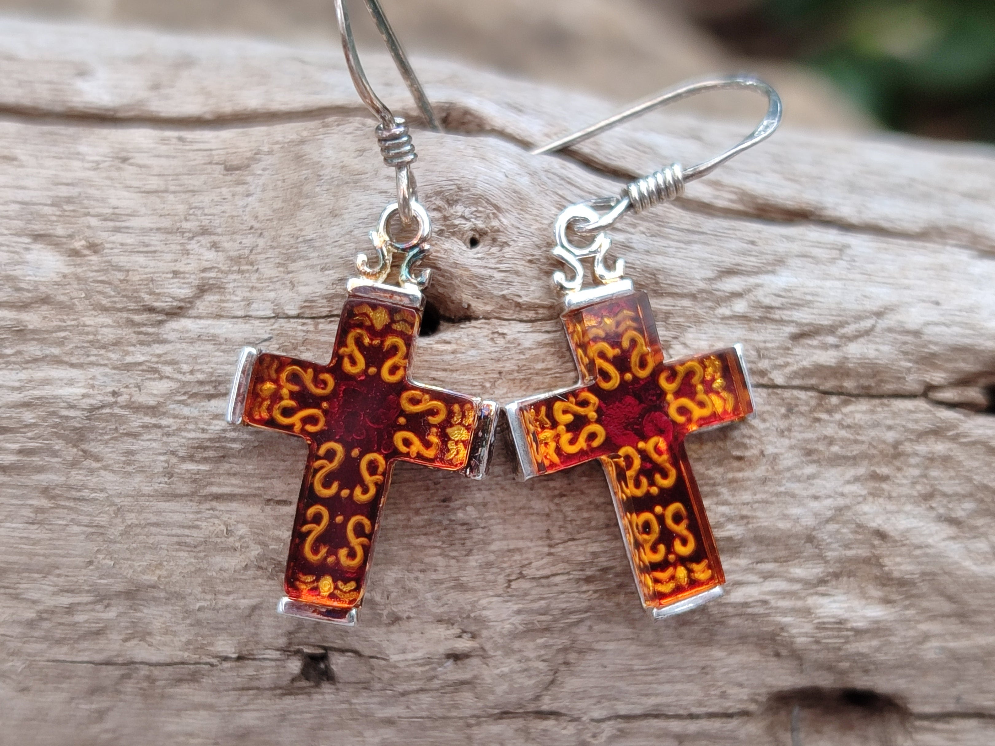 Hand Made Pair of Baltic Amber Cross Carved Earrings In Sterling Silver - Sold Per Pair - From Poland