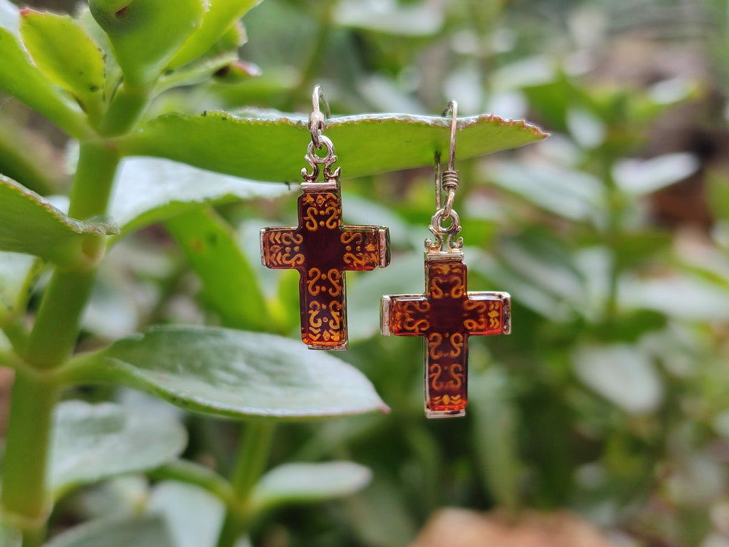 Hand Made Pair of Baltic Amber Cross Carved Earrings In Sterling Silver - Sold Per Pair - From Poland