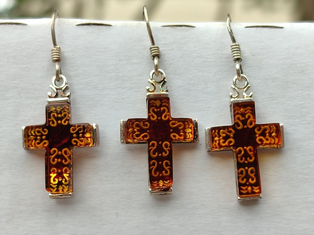 Hand Made Pair of Baltic Amber Cross Carved Earrings In Sterling Silver - Sold Per Pair - From Poland