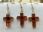 Hand Made Pair of Baltic Amber Cross Carved Earrings In Sterling Silver - Sold Per Pair - From Poland