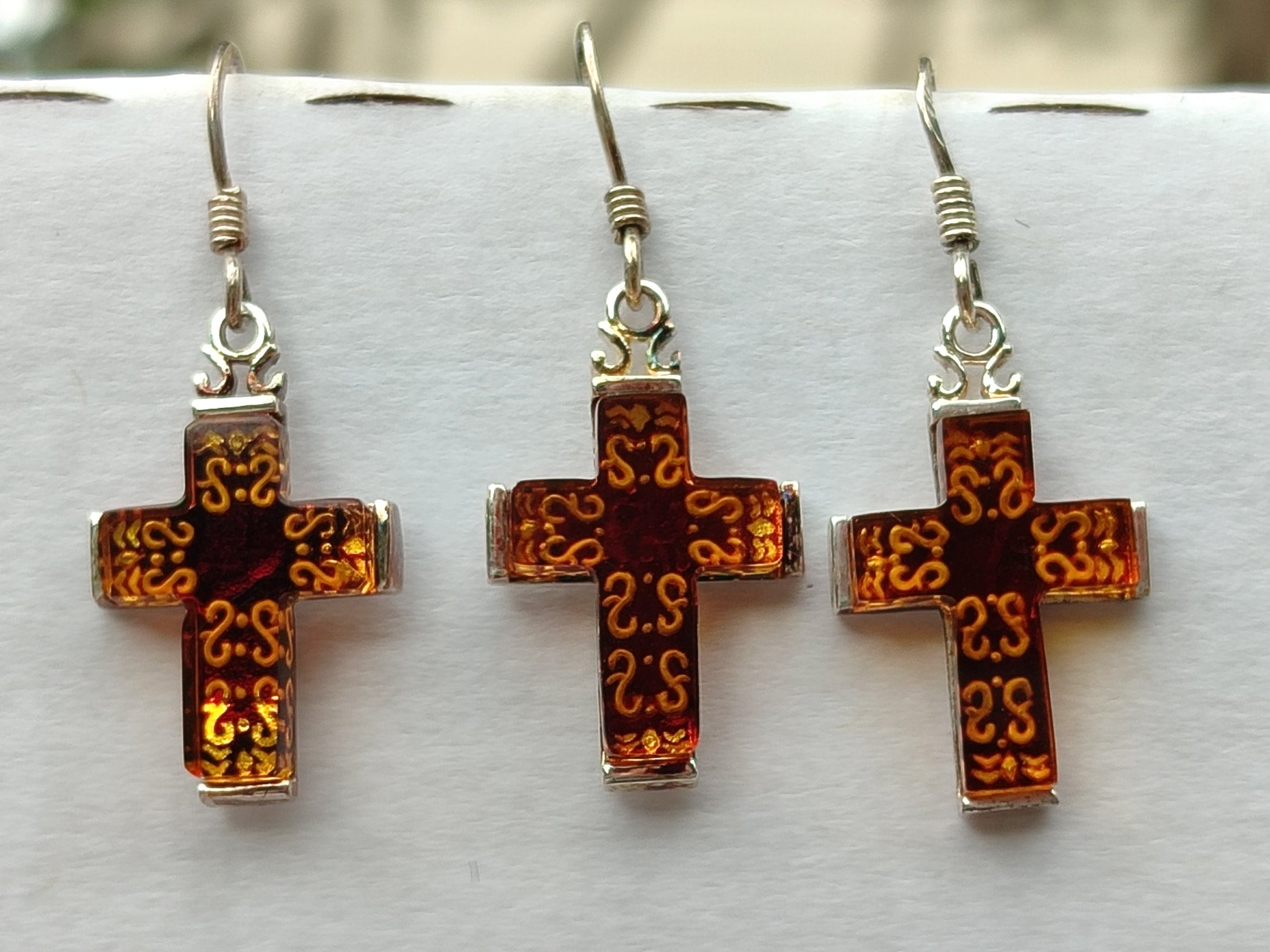 Hand Made Pair of Baltic Amber Cross Carved Earrings In Sterling Silver - Sold Per Pair - From Poland
