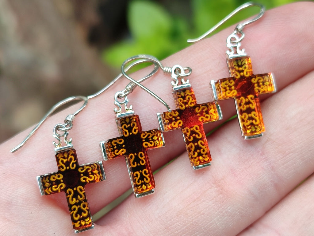 Hand Made Pair of Baltic Amber Cross Carved Earrings In Sterling Silver - Sold Per Pair - From Poland