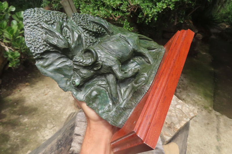 Hand Carved Scenic Buffalo Under a Tree, Verdite Plate Sculpture x 1 From Zimbabwe