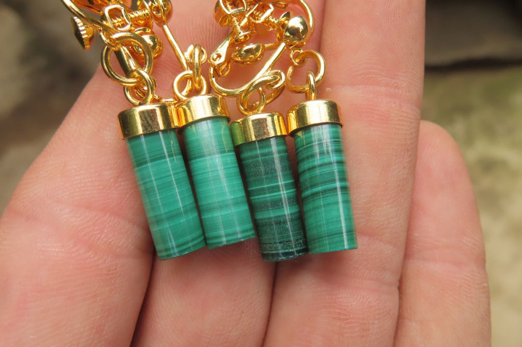 Hand Made Pair of Malachite Cylinder Clip On Earrings - Sold Per Pair - From Congo