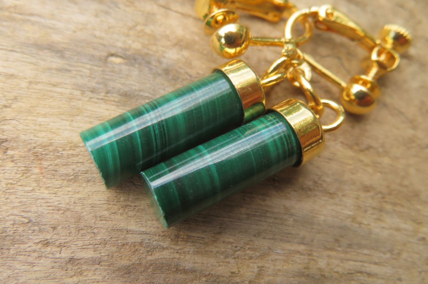 Hand Made Pair of Malachite Cylinder Clip On Earrings - Sold Per Pair - From Congo