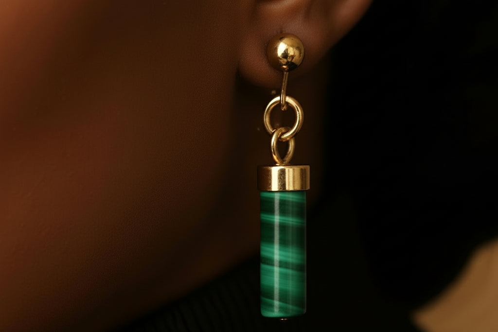 Hand Made Pair of Malachite Cylinder Clip On Earrings - Sold Per Pair - From Congo