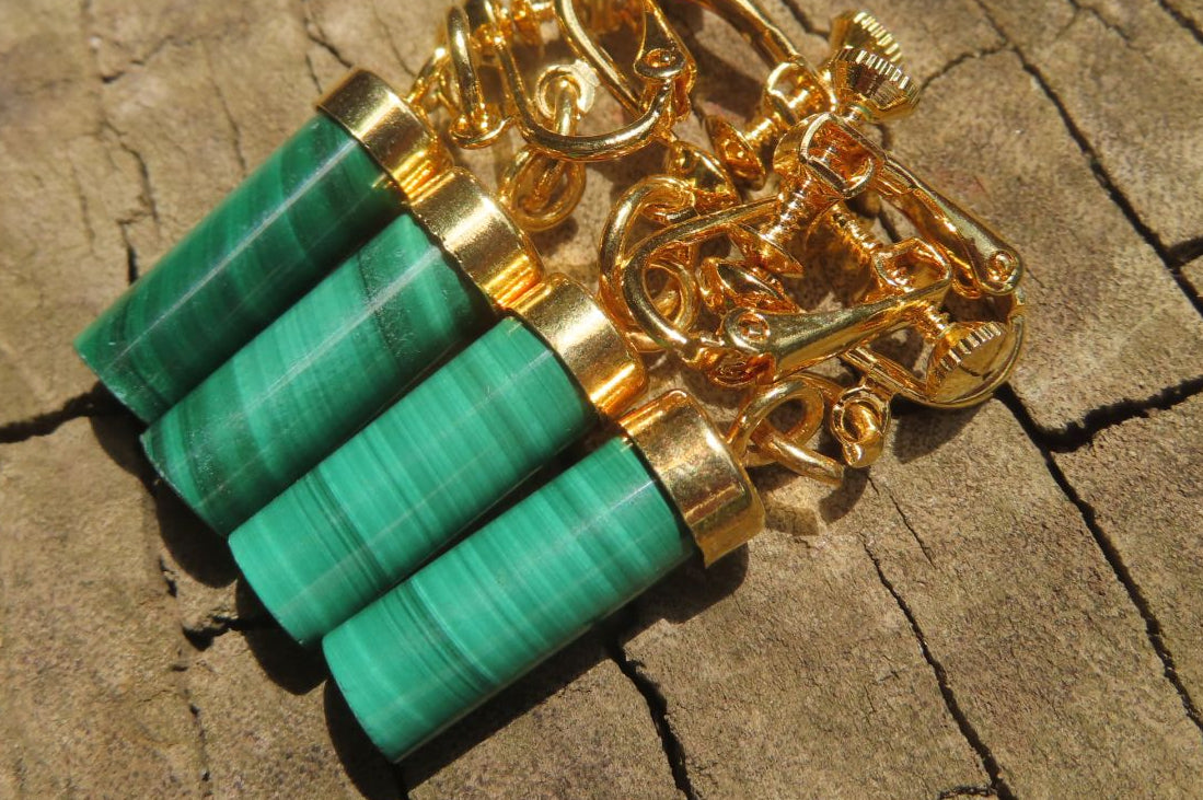 Hand Made Pair of Malachite Cylinder Clip On Earrings - Sold Per Pair - From Congo