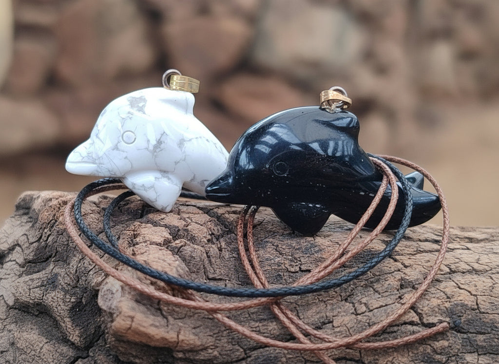 Hand Made Mixed Set Of 12 Gemstone Dolphin Pendants with 2 Braided Cord Necklaces - Sold Per Set - From Southern Africa