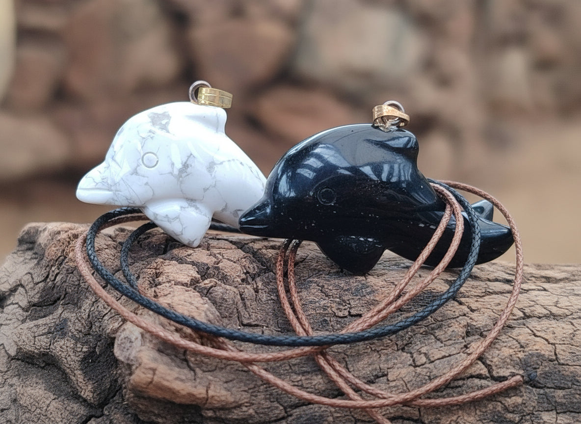 Hand Made Mixed Set Of 12 Gemstone Dolphin Pendants with 2 Braided Cord Necklaces - Sold Per Set - From Southern Africa