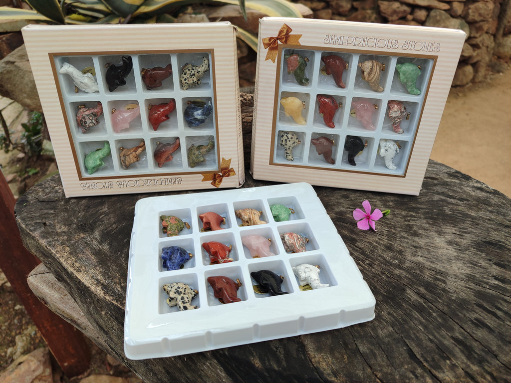 Hand Made Mixed Set Of 12 Gemstone Dolphin Pendants with 2 Braided Cord Necklaces - Sold Per Set - From Southern Africa