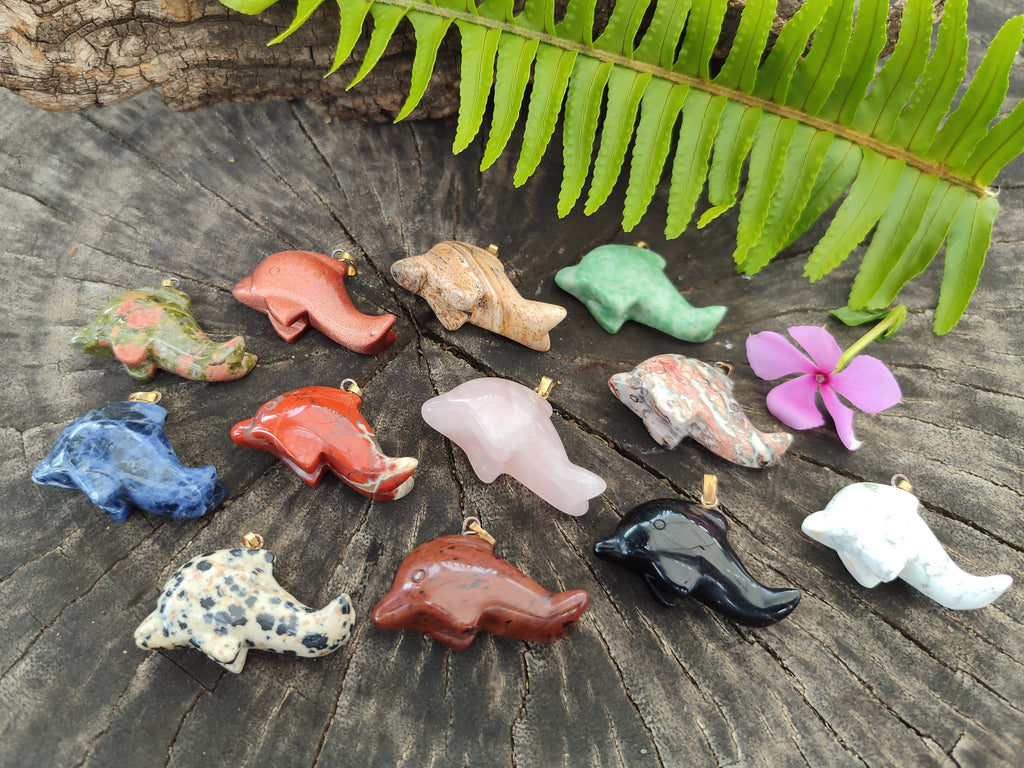 Hand Made Mixed Set Of 12 Gemstone Dolphin Pendants with 2 Braided Cord Necklaces - Sold Per Set - From Southern Africa