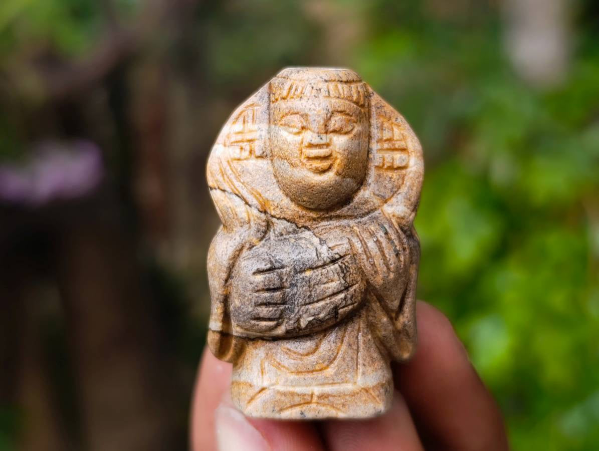 Hand-Made Vintage Picture Stone Carvings of the Far Eastern Gods on Wooden Stands - A Set of 7 - From Namibia