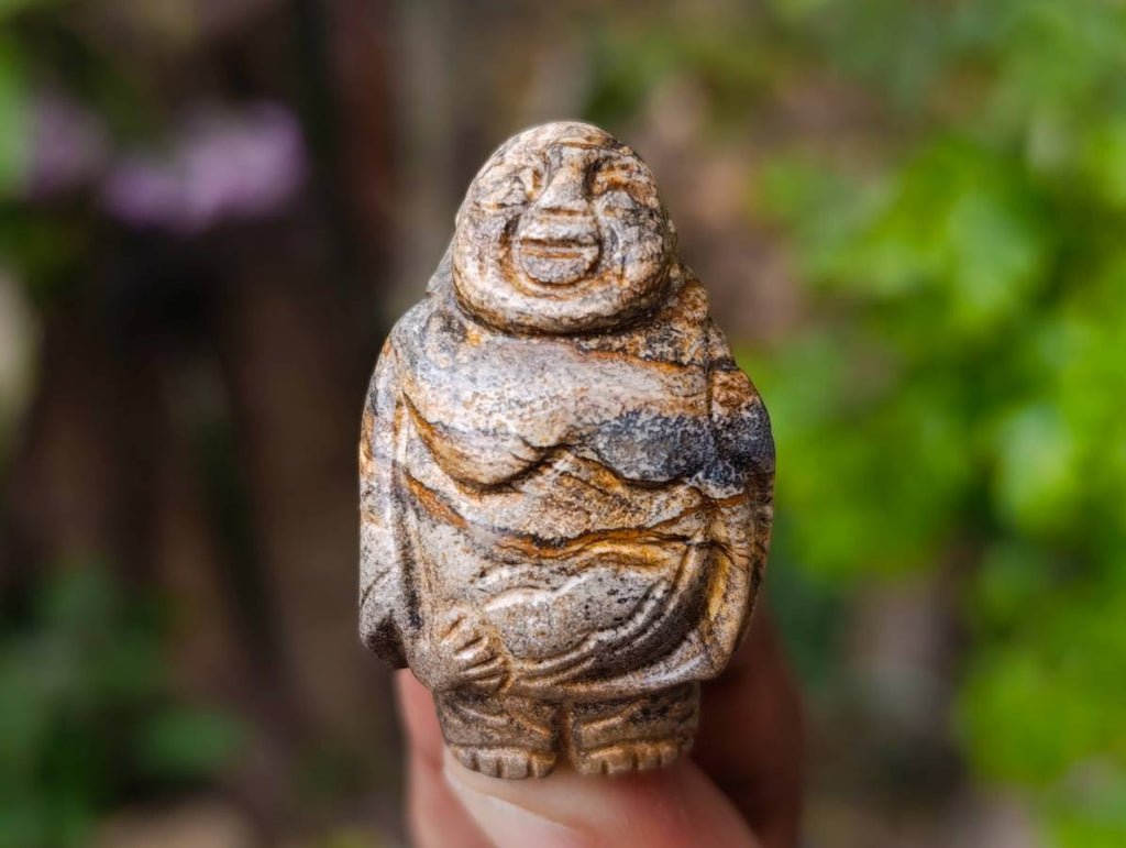 Hand-Made Vintage Picture Stone Carvings of the Far Eastern Gods on Wooden Stands - A Set of 7 - From Namibia
