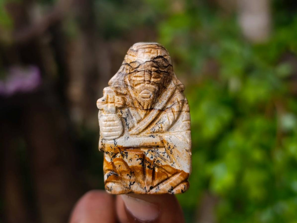 Hand-Made Vintage Picture Stone Carvings of the Far Eastern Gods on Wooden Stands - A Set of 7 - From Namibia