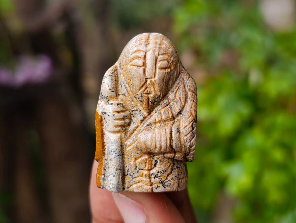 Hand-Made Vintage Picture Stone Carvings of the Far Eastern Gods on Wooden Stands - A Set of 7 - From Namibia