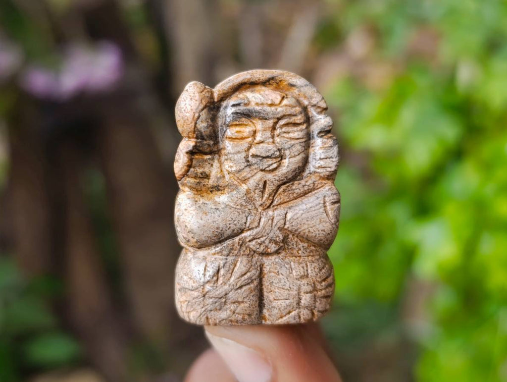 Hand-Made Vintage Picture Stone Carvings of the Far Eastern Gods on Wooden Stands - A Set of 7 - From Namibia