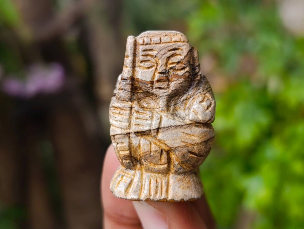 Hand-Made Vintage Picture Stone Carvings of the Far Eastern Gods on Wooden Stands - A Set of 7 - From Namibia