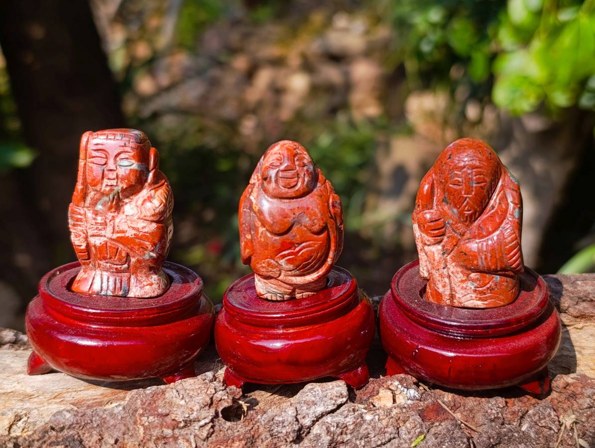 Hand Made Vintage Brecciated Jasper Figurines of the Far Eastern Gods on Wooden Stands In A Set of 7, From South Africa