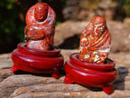Hand Made Vintage Brecciated Jasper Figurines of the Far Eastern Gods on Wooden Stands In A Set of 7, From South Africa