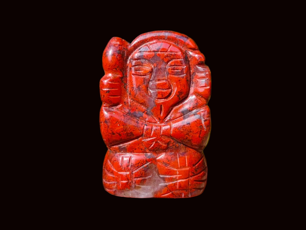 Hand Made Vintage Brecciated Jasper Figurines of the Far Eastern Gods on Wooden Stands In A Set of 7, From South Africa