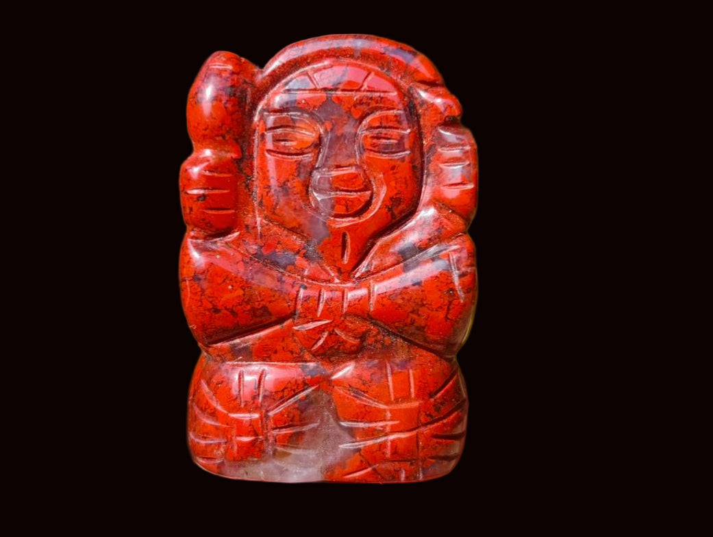 Hand Made Vintage Brecciated Jasper Figurines of the Far Eastern Gods on Wooden Stands In A Set of 7, From South Africa