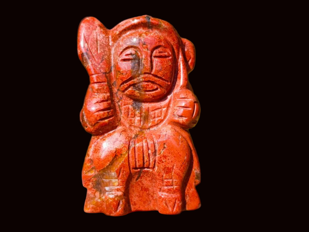 Hand Made Vintage Brecciated Jasper Figurines of the Far Eastern Gods on Wooden Stands In A Set of 7, From South Africa