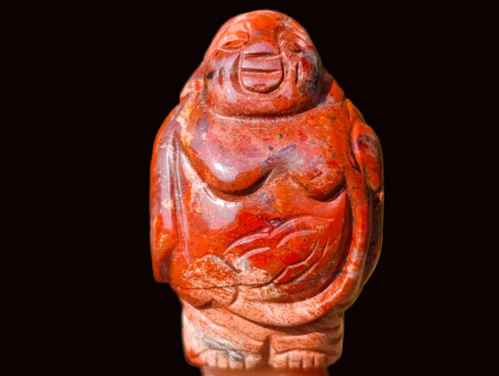 Hand Made Vintage Brecciated Jasper Figurines of the Far Eastern Gods on Wooden Stands In A Set of 7, From South Africa