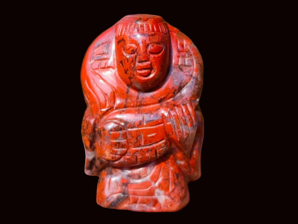 Hand Made Vintage Brecciated Jasper Figurines of the Far Eastern Gods on Wooden Stands In A Set of 7, From South Africa