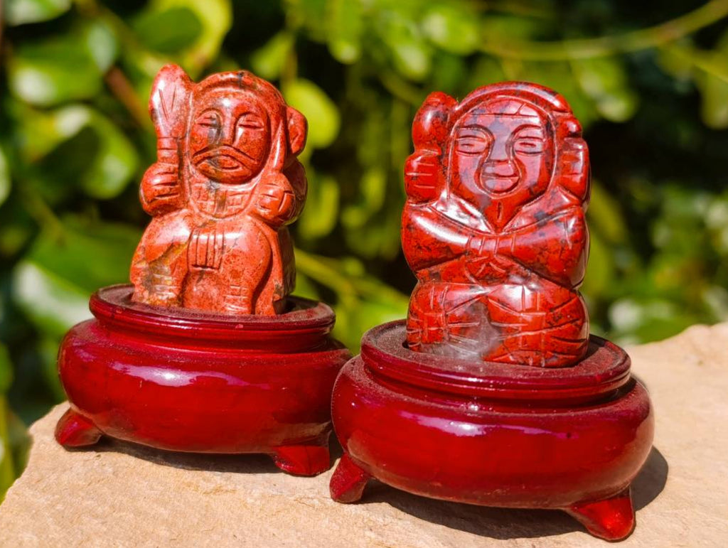 Hand Made Vintage Brecciated Jasper Figurines of the Far Eastern Gods on Wooden Stands In A Set of 7, From South Africa