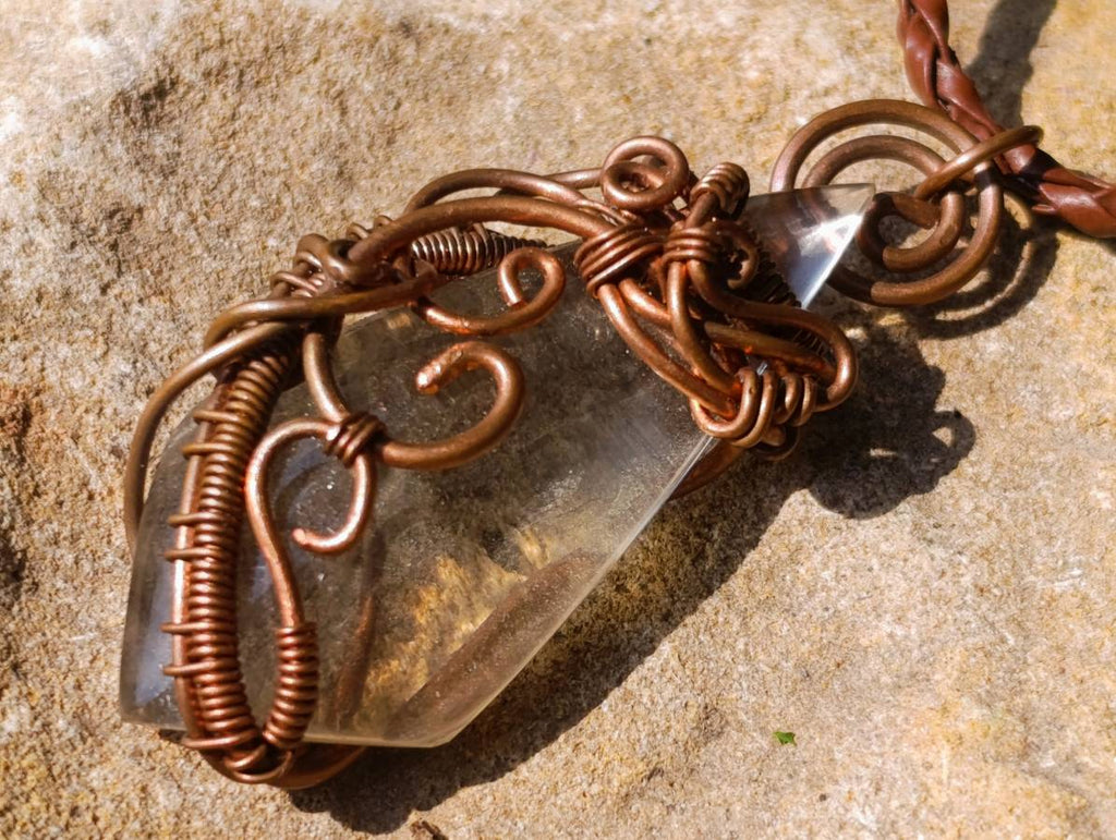Hand-Made Kite Rock Crystal with Copper Art Wire Wrap Pendant with Thong x 1 From Zimbabwe