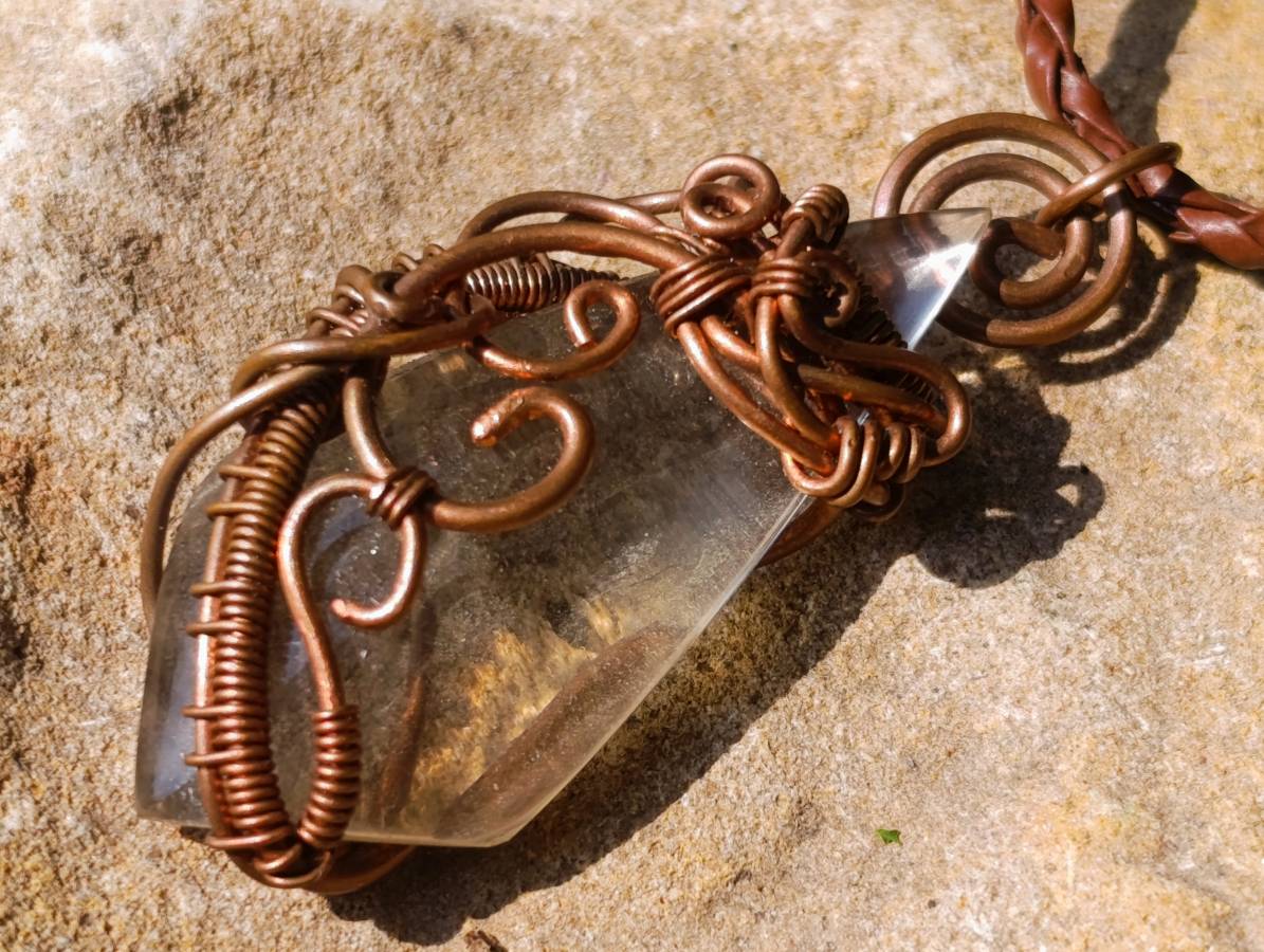 Hand-Made Kite Rock Crystal with Copper Art Wire Wrap Pendant with Thong x 1 From Zimbabwe