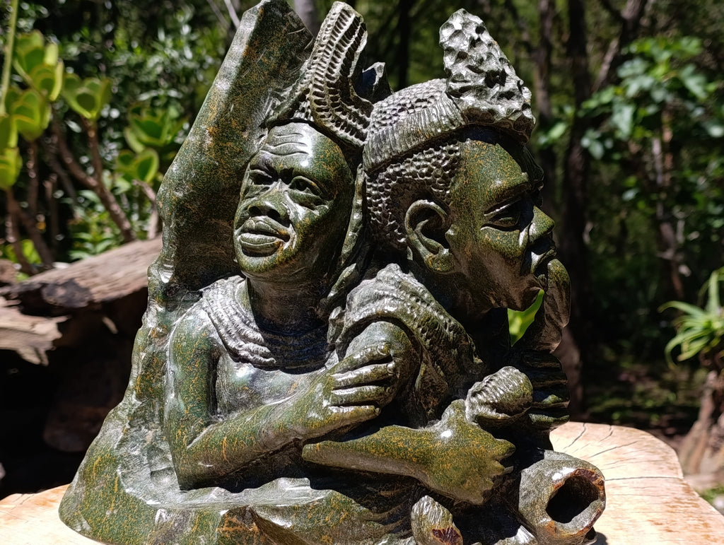 Contented African Couple Large Verdite Carving x 1 From Zimbabwe