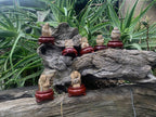 Hand-Made Vintage Picture Stone Carvings of the Far Eastern Gods on Wooden Stands - A Set of 7 - From Namibia