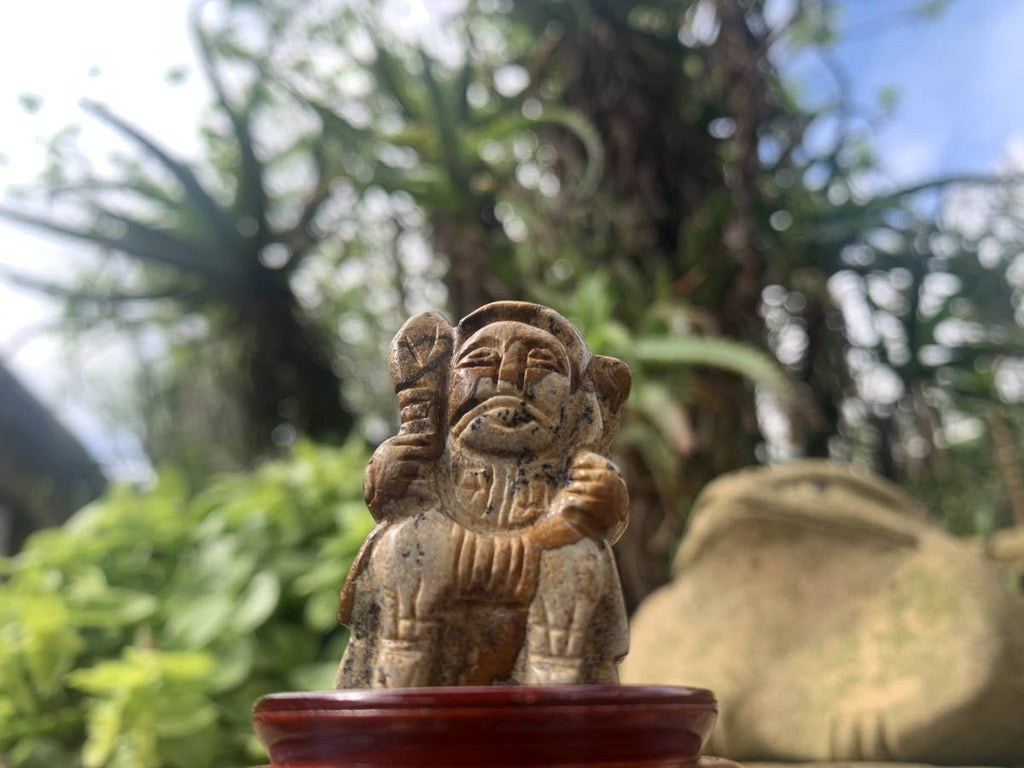 Hand-Made Vintage Picture Stone Carvings of the Far Eastern Gods on Wooden Stands - A Set of 7 - From Namibia