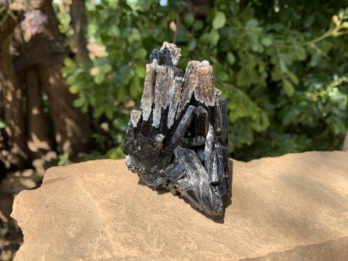 Natural Schorl Black Tourmaline Specimen with Fluorescent Hyalite Capping x 1 From Erongo, Namibia