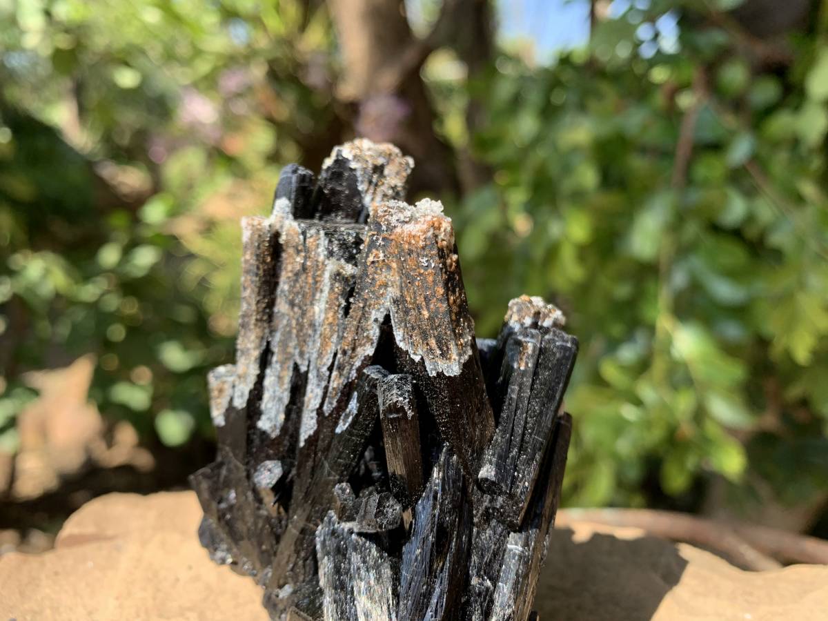 Natural Schorl Black Tourmaline Specimen with Fluorescent Hyalite Capping x 1 From Erongo, Namibia