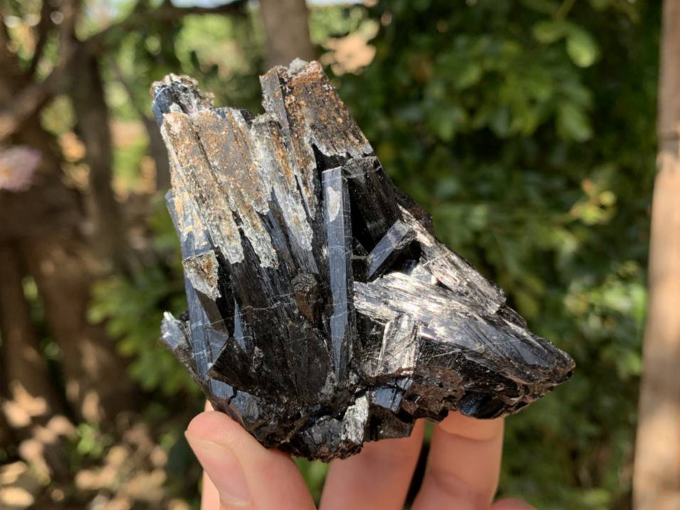 Natural Schorl Black Tourmaline Specimen with Fluorescent Hyalite Capping x 1 From Erongo, Namibia