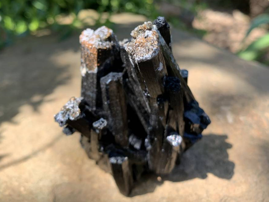 Natural Schorl Black Tourmaline Specimen with Fluorescent Hyalite Capping x 1 From Erongo, Namibia