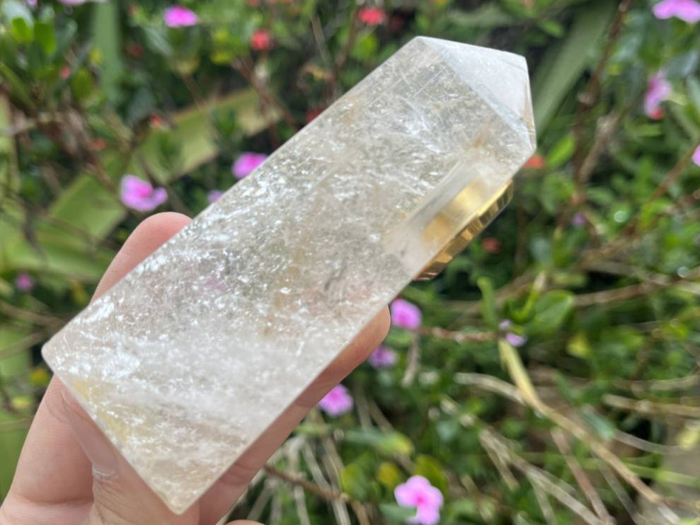 Hand-Made Rare Golden Rutile Rock, Crystal Quartz Clock Tower x 1 From Brazil