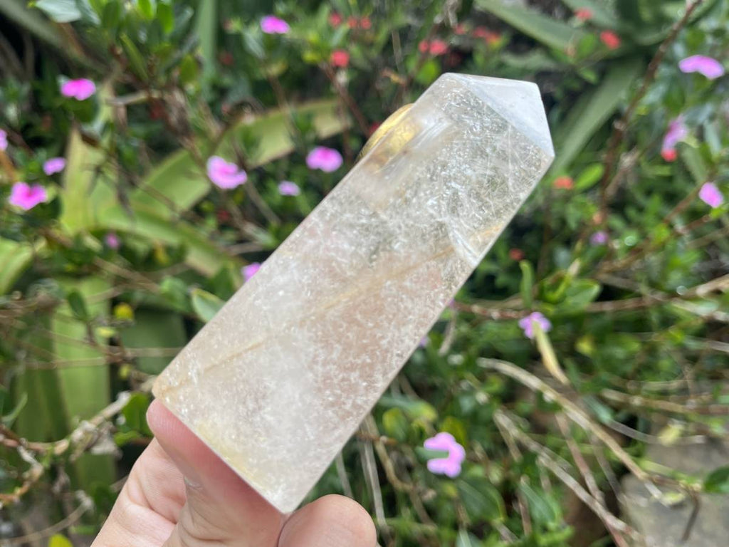 Hand-Made Rare Golden Rutile Rock, Crystal Quartz Clock Tower x 1 From Brazil