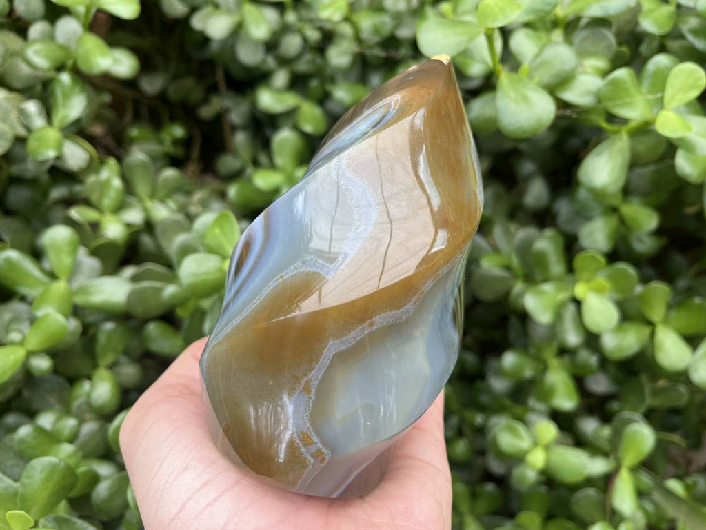 Polished Carnelian and Smokey Blue-Grey Banded Agate Flame x 1 From Madagascar