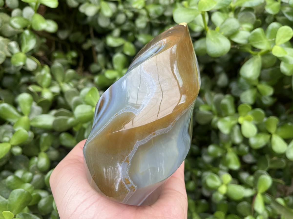 Polished Carnelian and Smokey Blue-Grey Banded Agate Flame x 1 From Madagascar