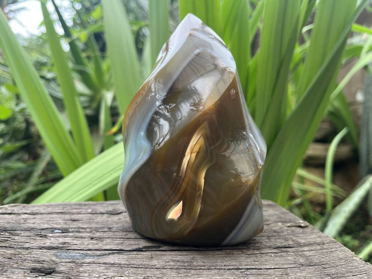 Polished Carnelian and Smokey Blue-Grey Banded Agate Flame x 1 From Madagascar