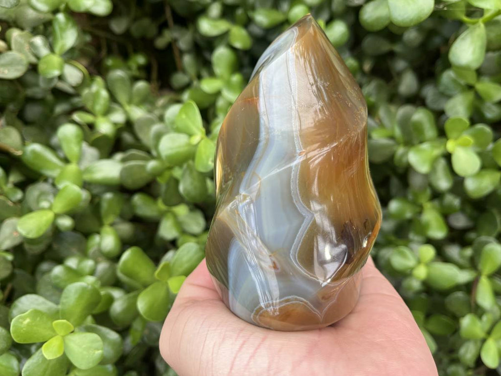 Polished Carnelian and Smokey Blue-Grey Banded Agate Flame x 1 From Madagascar