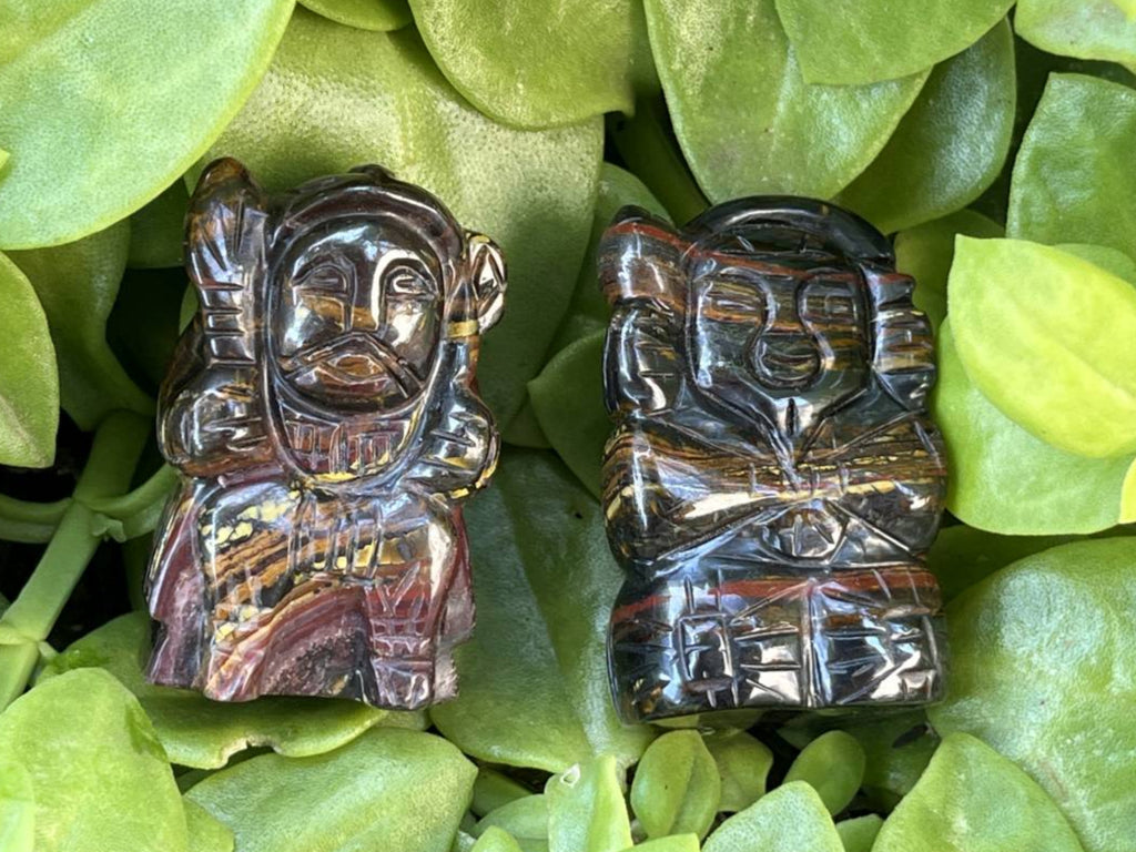 Hand Made Banded Tiger Iron Jasper - Far Eastern Gods on Wooden Stands In A Set of 7 - From Australia