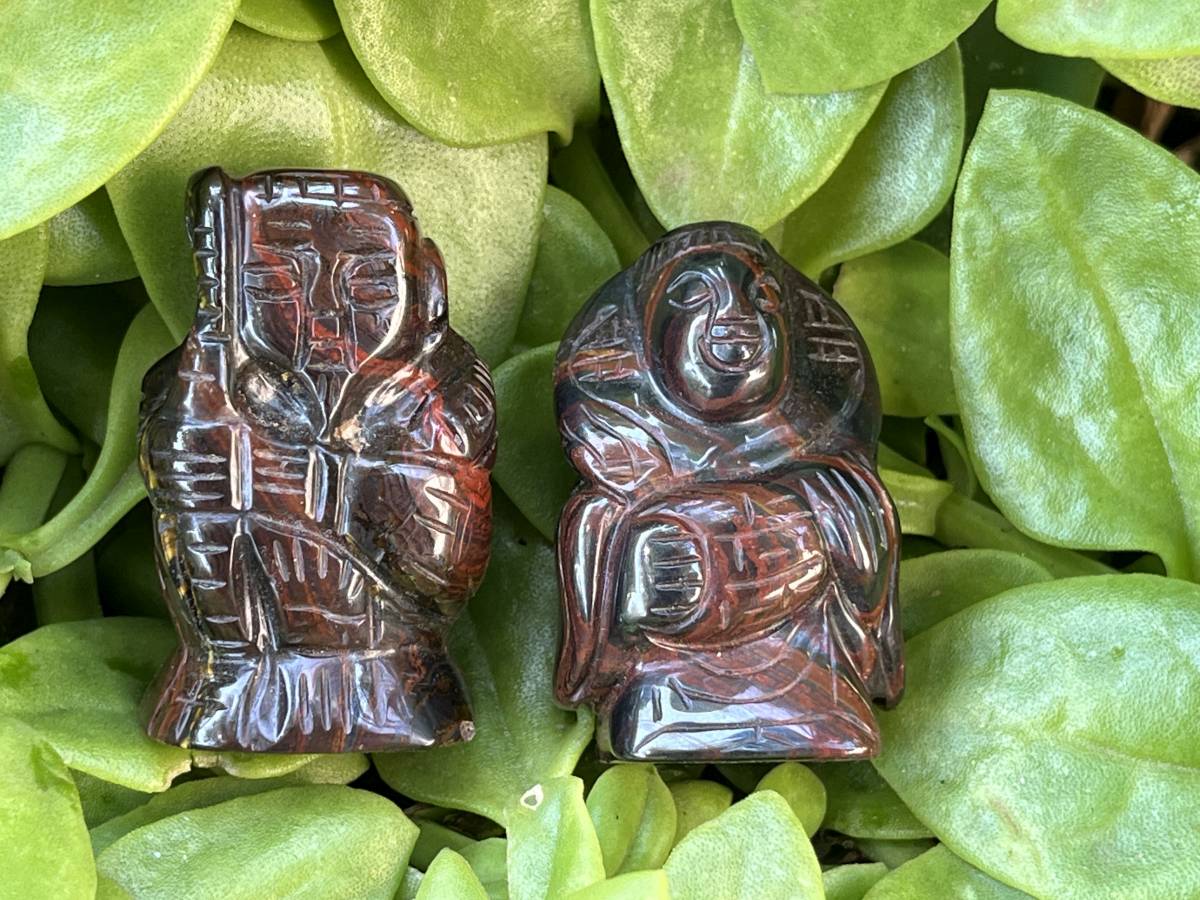Hand Made Banded Tiger Iron Jasper - Far Eastern Gods on Wooden Stands In A Set of 7 - From Australia